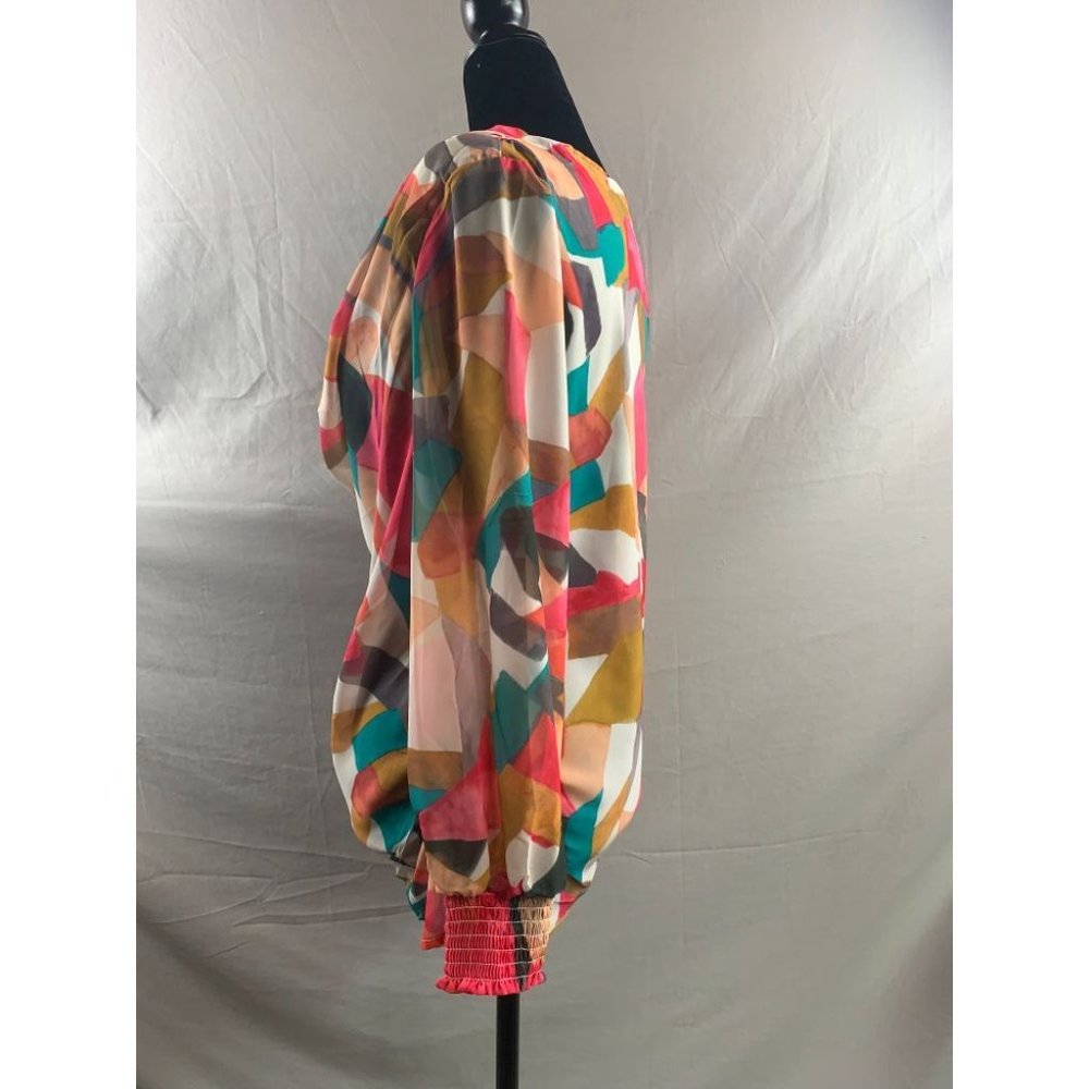 NWT Draped Neck Shirred Cuff Graphic Print Chiffon Top - Picture 3 of 4